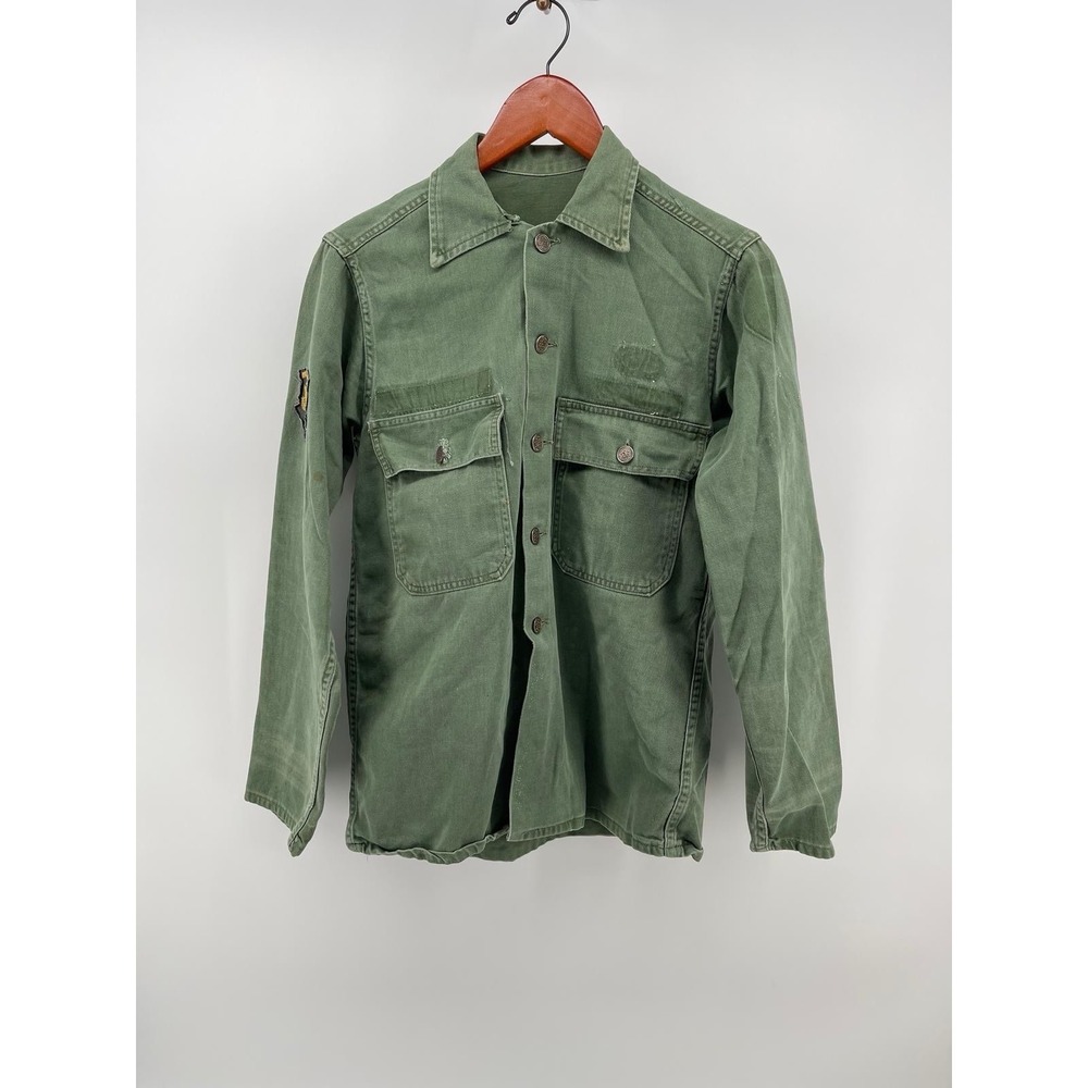Vintage Military OG-107 Utility Shirt Men Small Green Army Patch USA Style